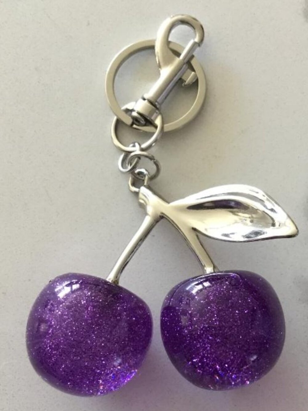Glittery Purple Cherry Keychain Bag Charm with Resin Cherries, Silver Accents